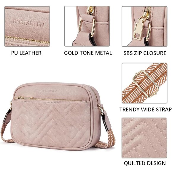 Bostanten Women Pink PU leather Small Quilted Crossbody Bags With Wide Strap - Picture 4 of 6